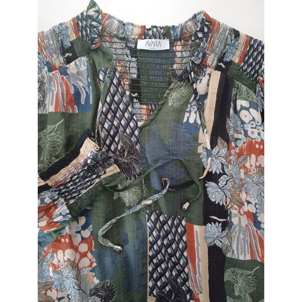 Avara Boho Peasant Top Large Floral Smocked Lined Coastal Modest Elevated